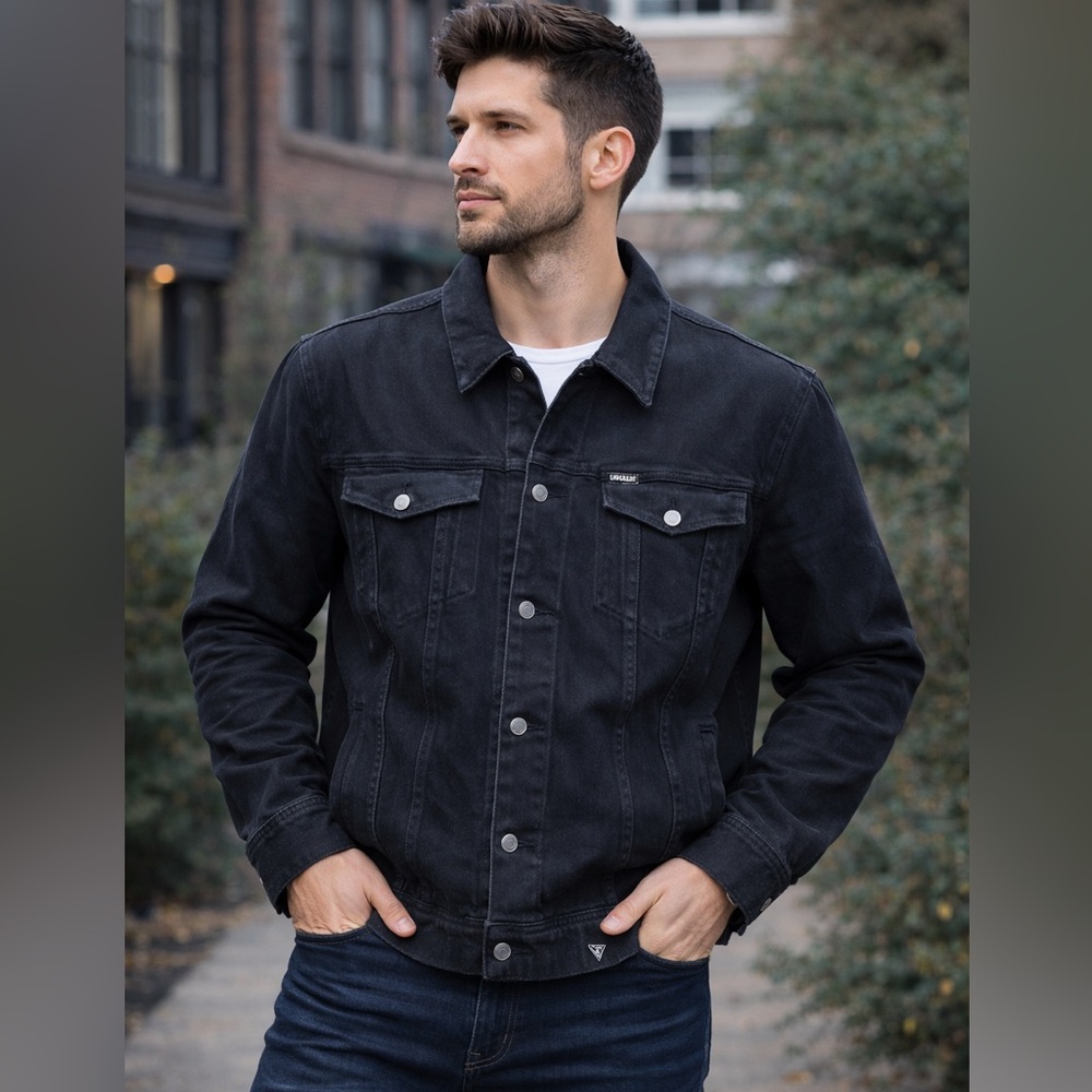 GUESS Dillon Jacket Men’s XXL Black Denim Trucker Jacket button up long‎ sleeve
